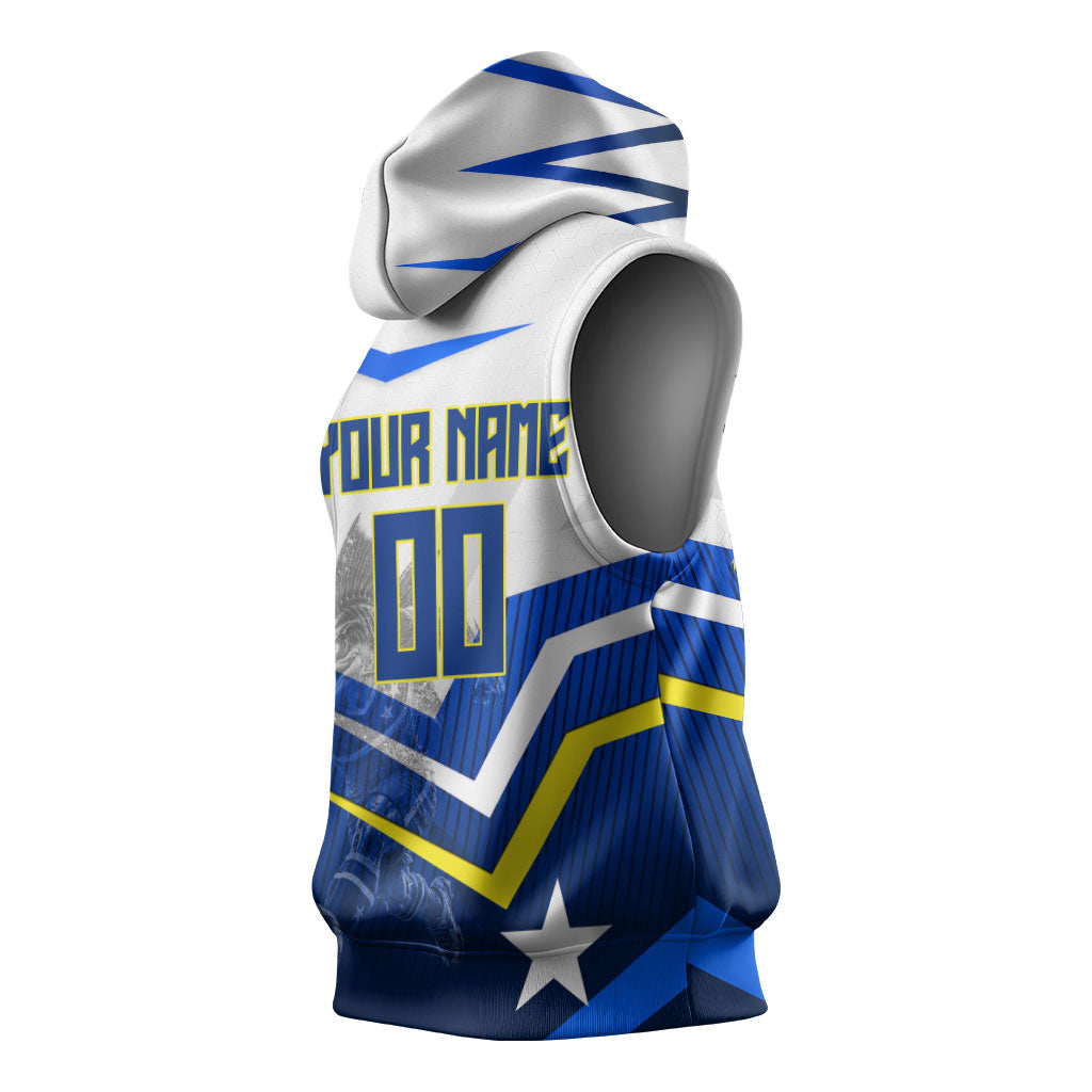Personalized Curacao Football Marlin Mascot Sleeveless Hoodie Caribbean Flag Colors Geometric Blue