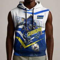 Personalized Curacao Football Marlin Mascot Sleeveless Hoodie Caribbean Flag Colors Geometric Blue