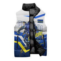Personalized Curacao Football Marlin Mascot Sleeveless Puffer Jacket Caribbean Flag Colors Geometric Blue
