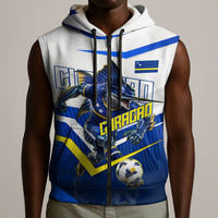 Personalized Curacao Football Marlin Mascot Sleeveless Zip Hoodie Caribbean Flag Colors Geometric Blue