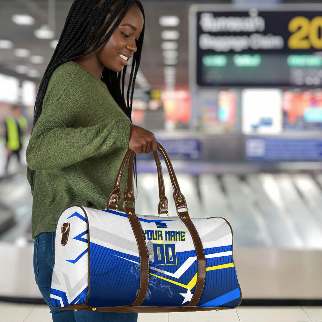 Personalized Curacao Football Marlin Mascot Travel Bag Caribbean Flag Colors Geometric Blue