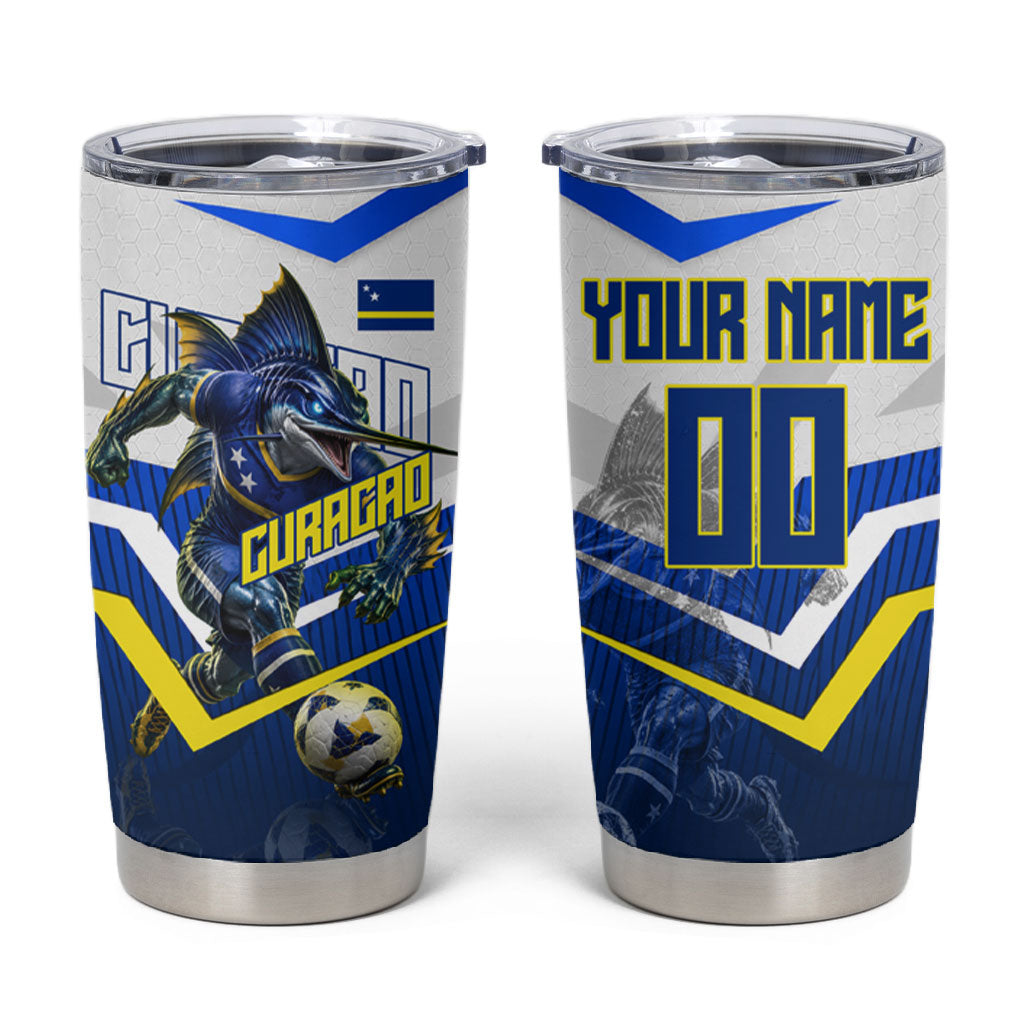 Personalized Curacao Football Marlin Mascot Tumbler Cup Caribbean Flag Colors Geometric Blue