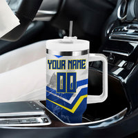 Personalized Curacao Football Marlin Mascot Tumbler With Handle Caribbean Flag Colors Geometric Blue