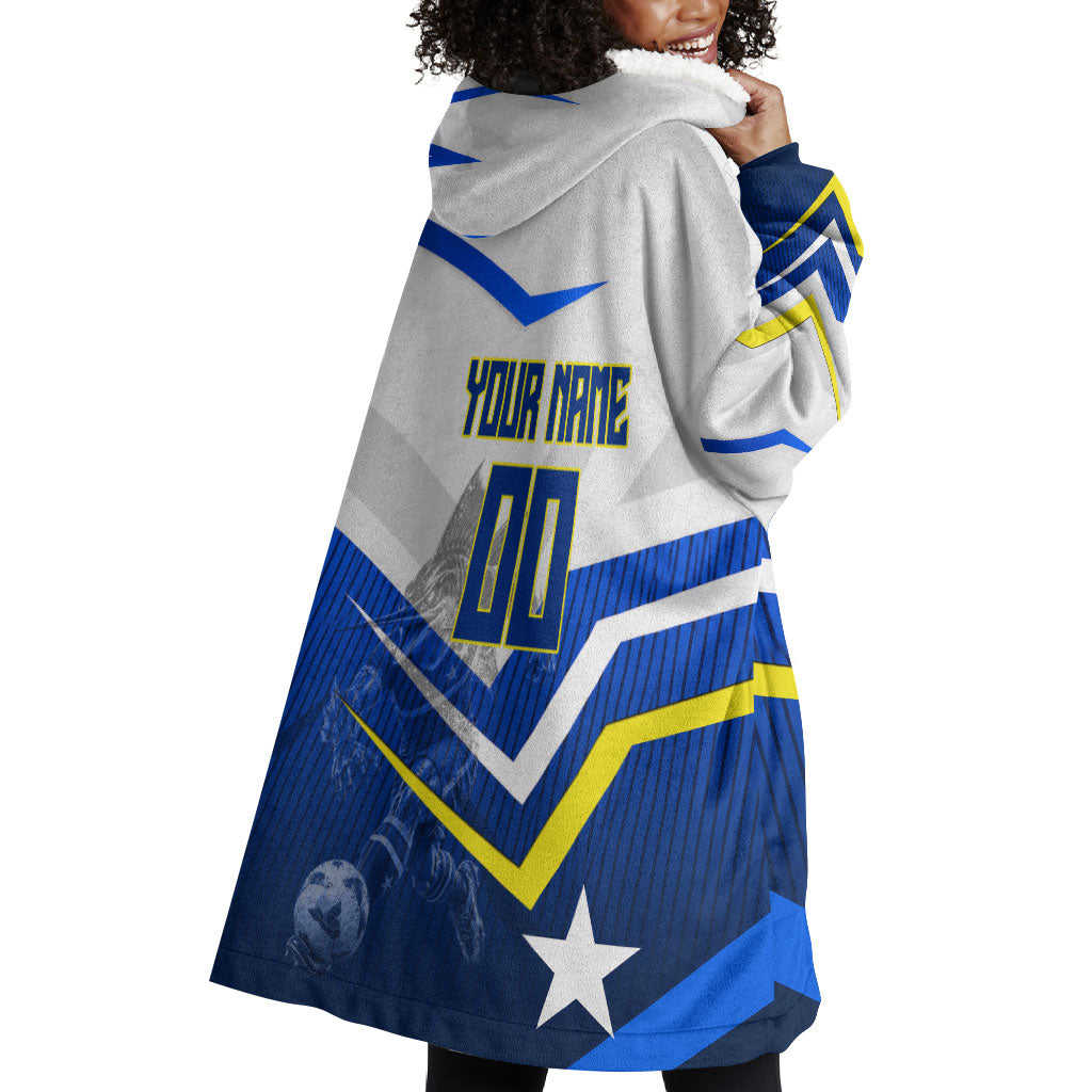 Personalized Curacao Football Marlin Mascot Wearable Blanket Hoodie Caribbean Flag Colors Geometric Blue