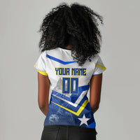 Personalized Curacao Football Marlin Mascot Women V-Neck T-Shirt Caribbean Flag Colors Geometric Blue