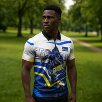 Personalized Curacao Football Marlin Mascot Zipper Polo Shirt Caribbean Flag Colors Geometric Blue