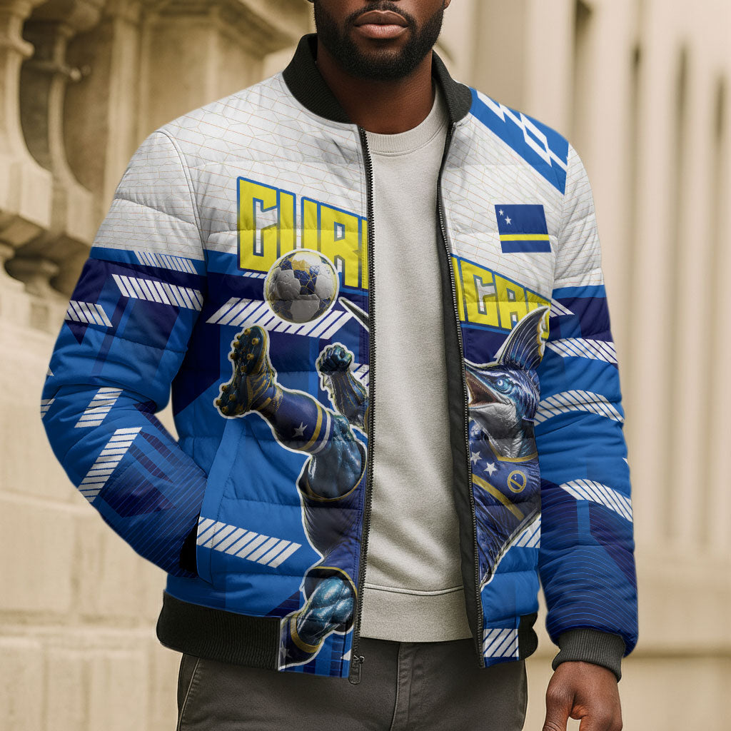 Personalized Curacao Football Bomber Puffer Jacket Marlin Mascot Blue National Flag Accents