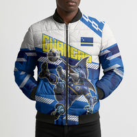 Personalized Curacao Football Bomber Puffer Jacket Marlin Mascot Blue National Flag Accents