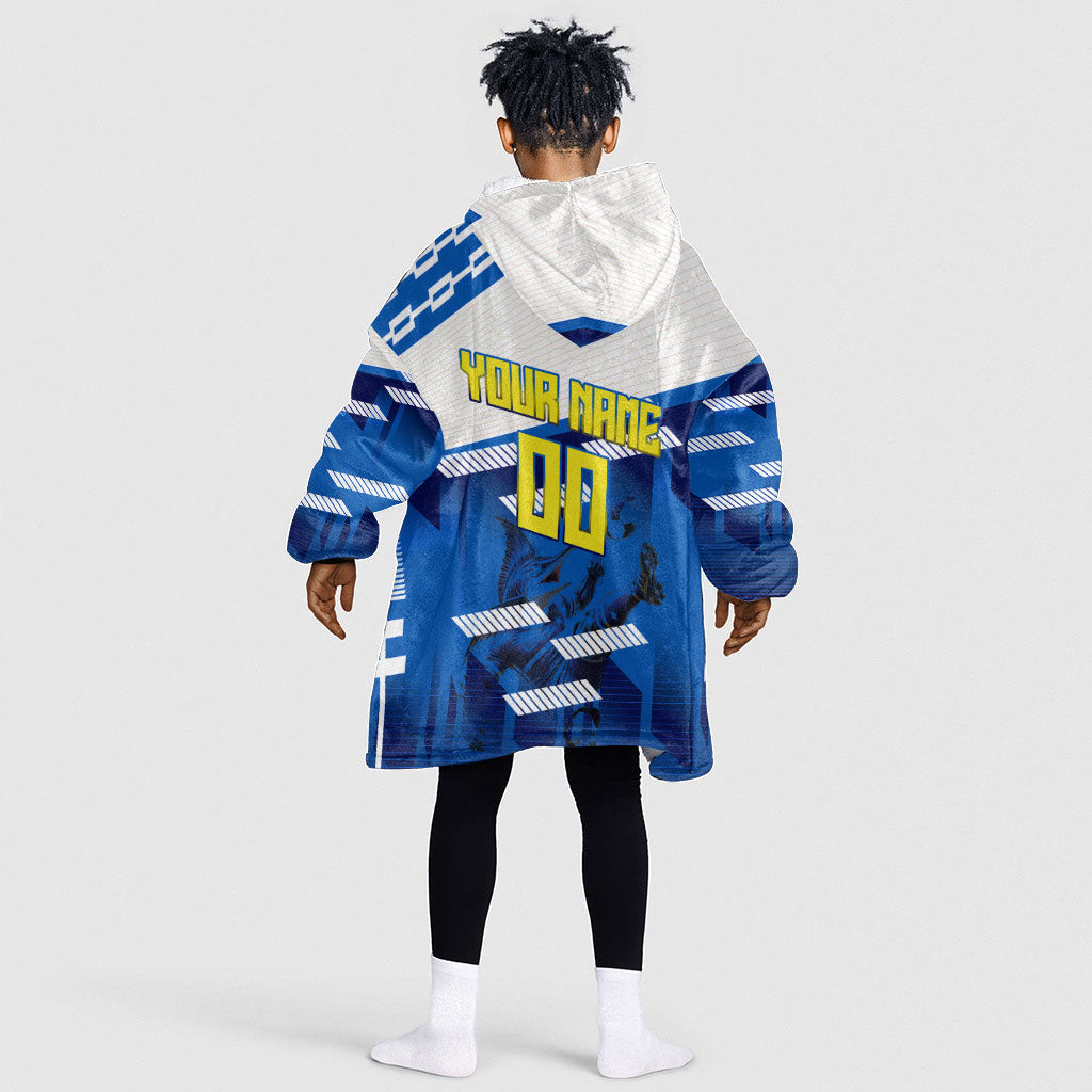 Personalized Curacao Football Kid Wearable Blanket Hoodie Marlin Mascot Blue National Flag Accents