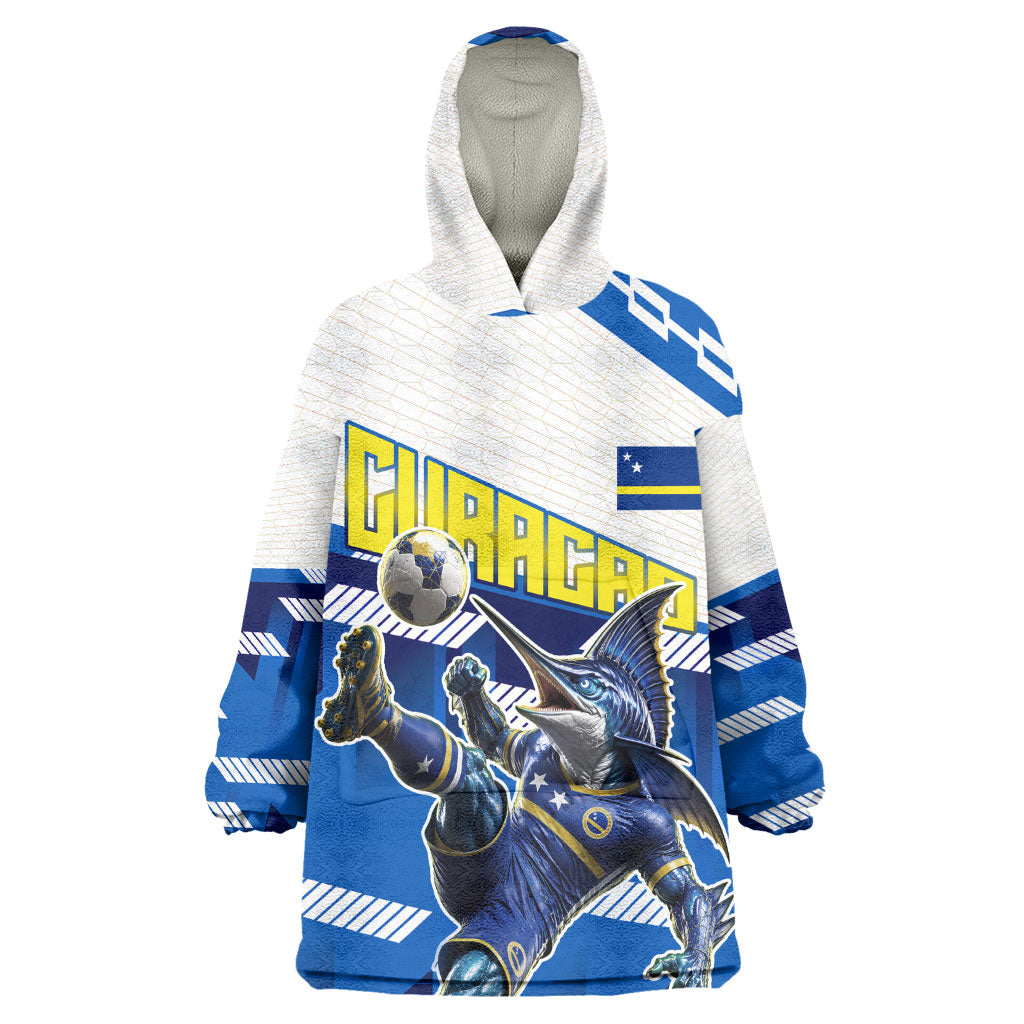 Personalized Curacao Football Kid Wearable Blanket Hoodie Marlin Mascot Blue National Flag Accents