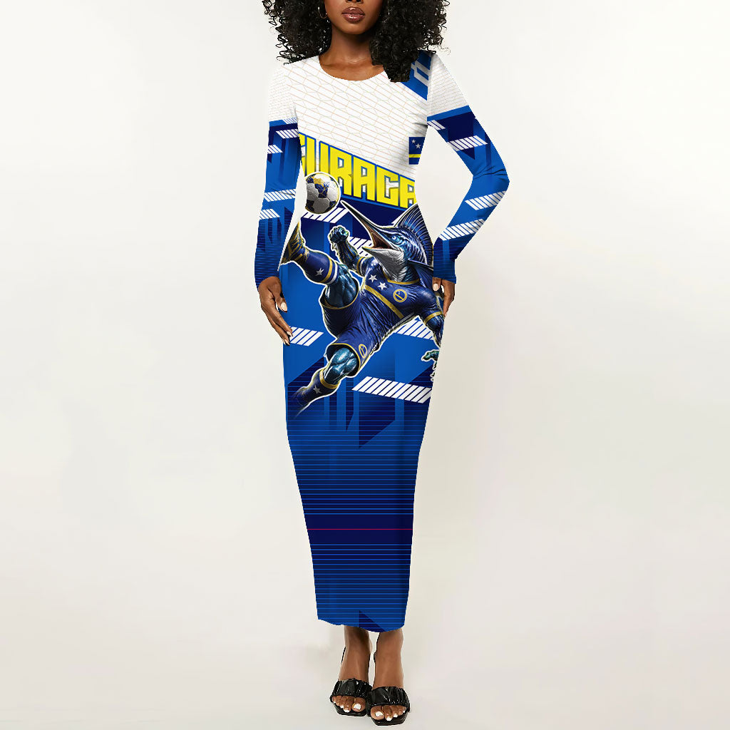 Personalized Curacao Football Long Sleeve Bodycon Dress Marlin Mascot Blue National Flag Accents