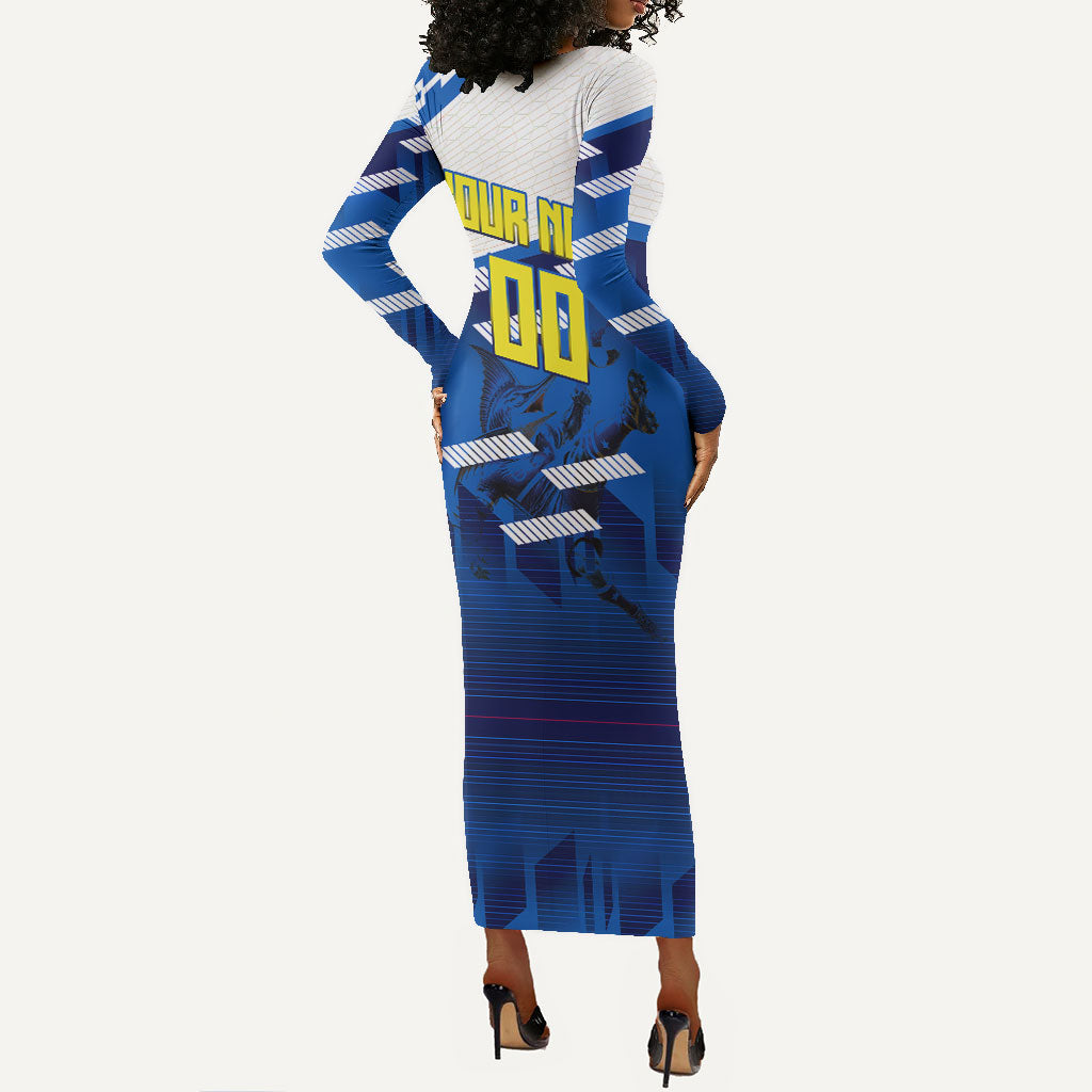 Personalized Curacao Football Long Sleeve Bodycon Dress Marlin Mascot Blue National Flag Accents