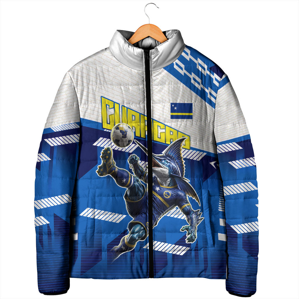 Personalized Curacao Football Padded Jacket Marlin Mascot Blue National Flag Accents