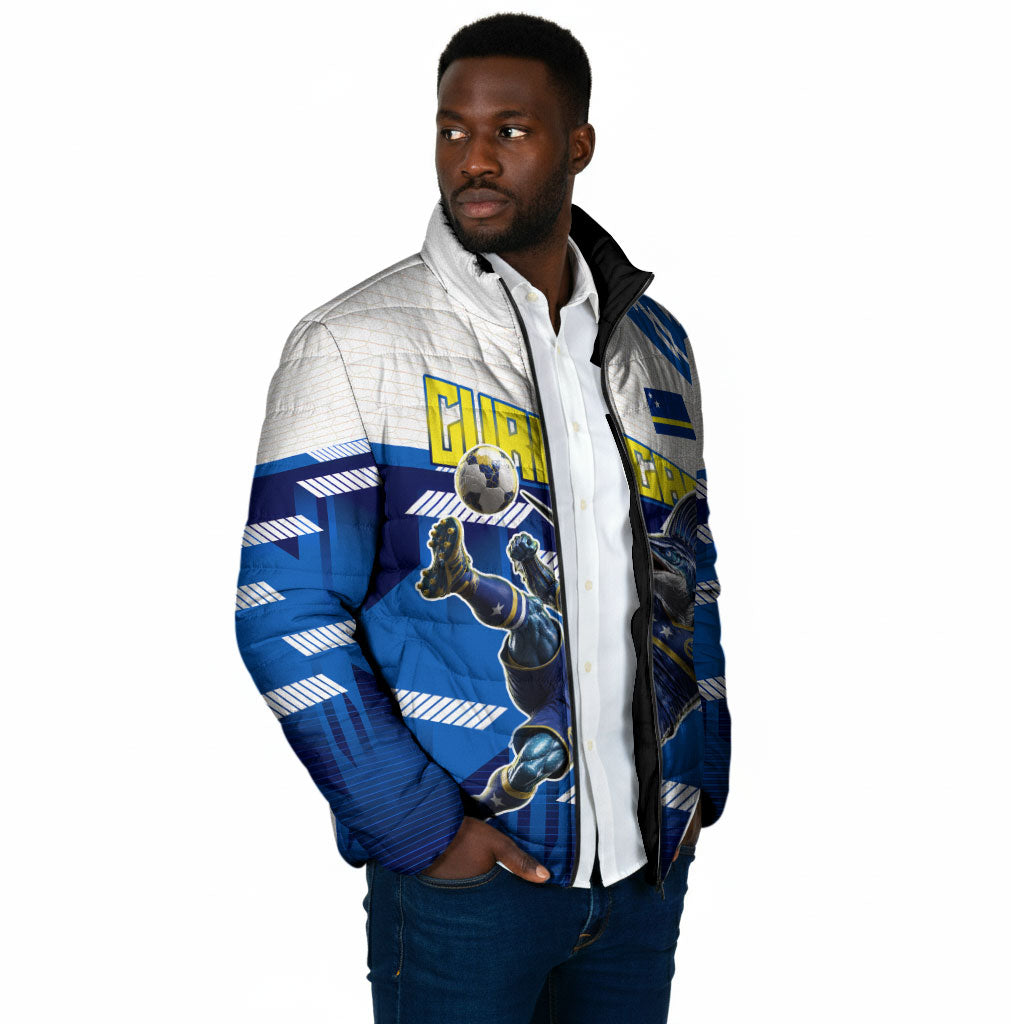 Personalized Curacao Football Padded Jacket Marlin Mascot Blue National Flag Accents