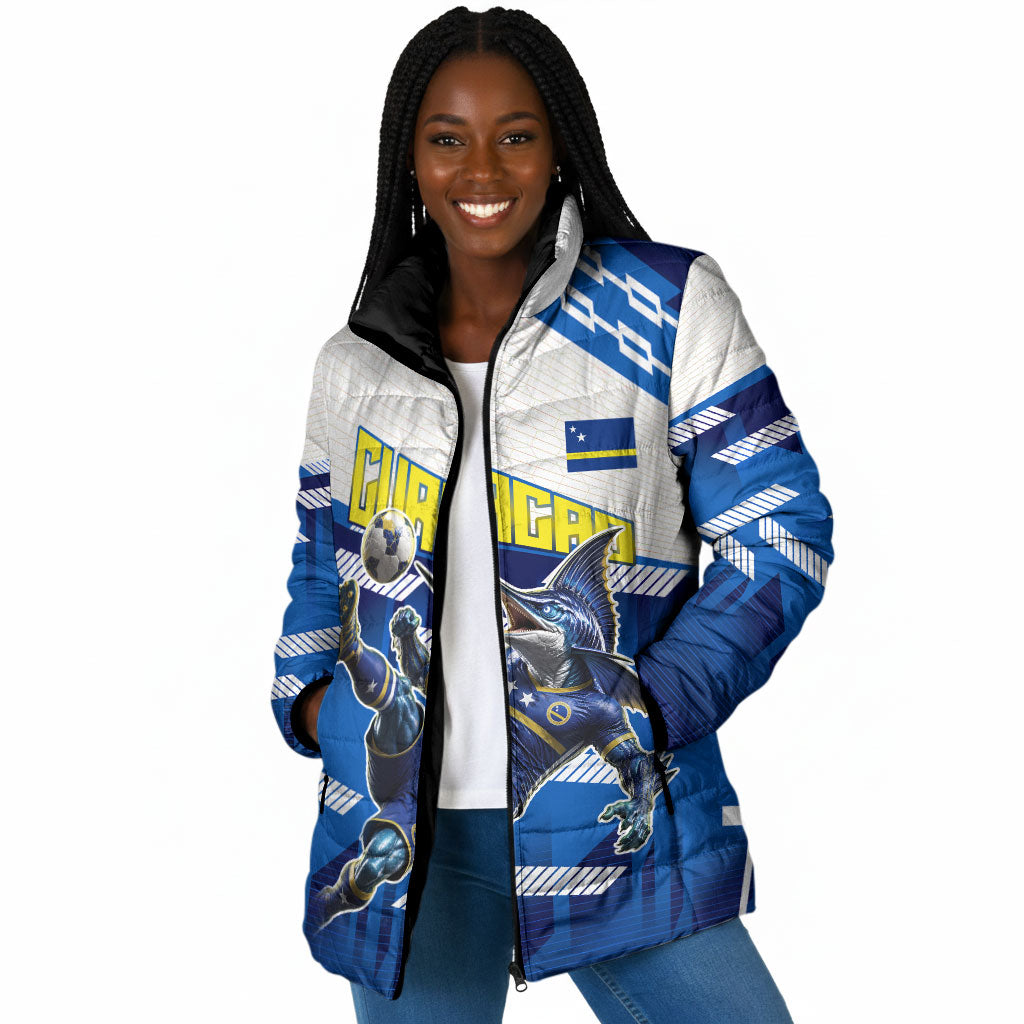 Personalized Curacao Football Padded Jacket Marlin Mascot Blue National Flag Accents