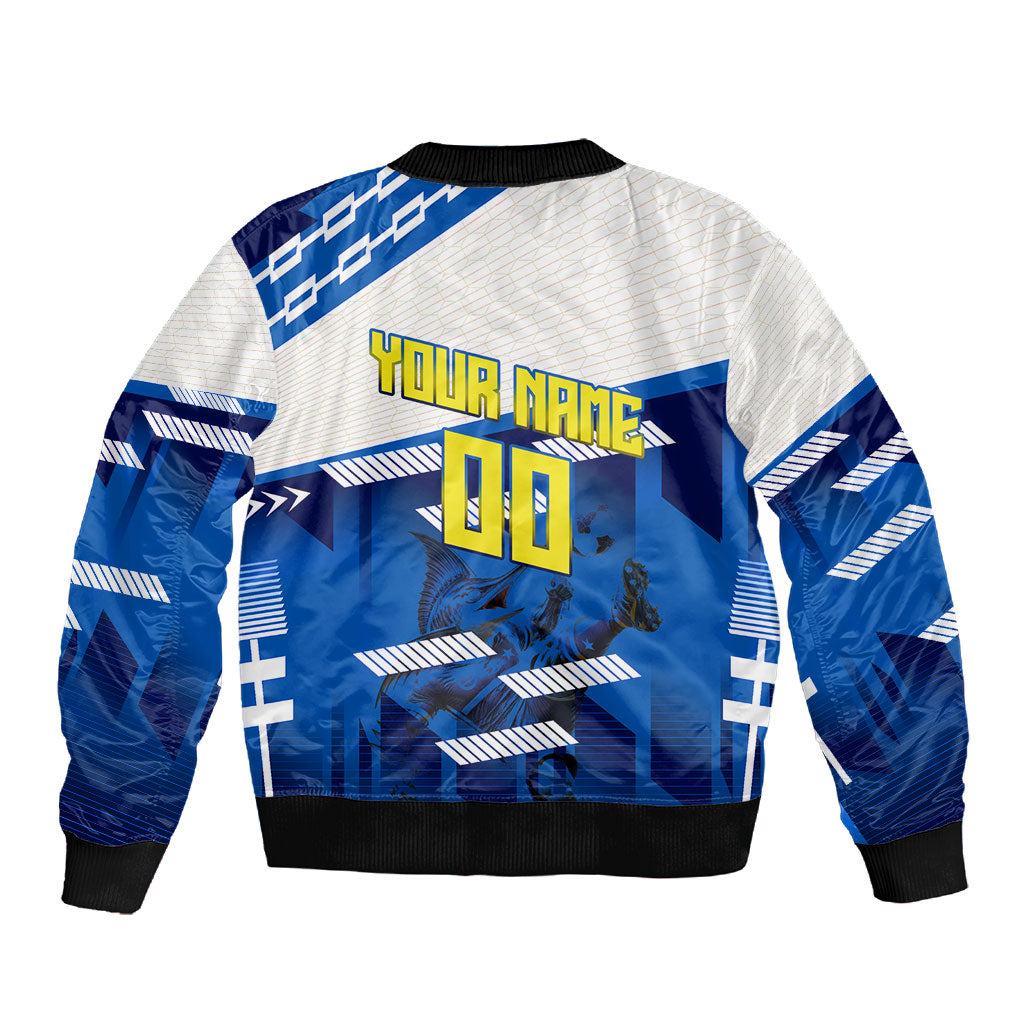 Personalized Curacao Football Sleeve Zip Bomber Jacket Marlin Mascot Blue National Flag Accents