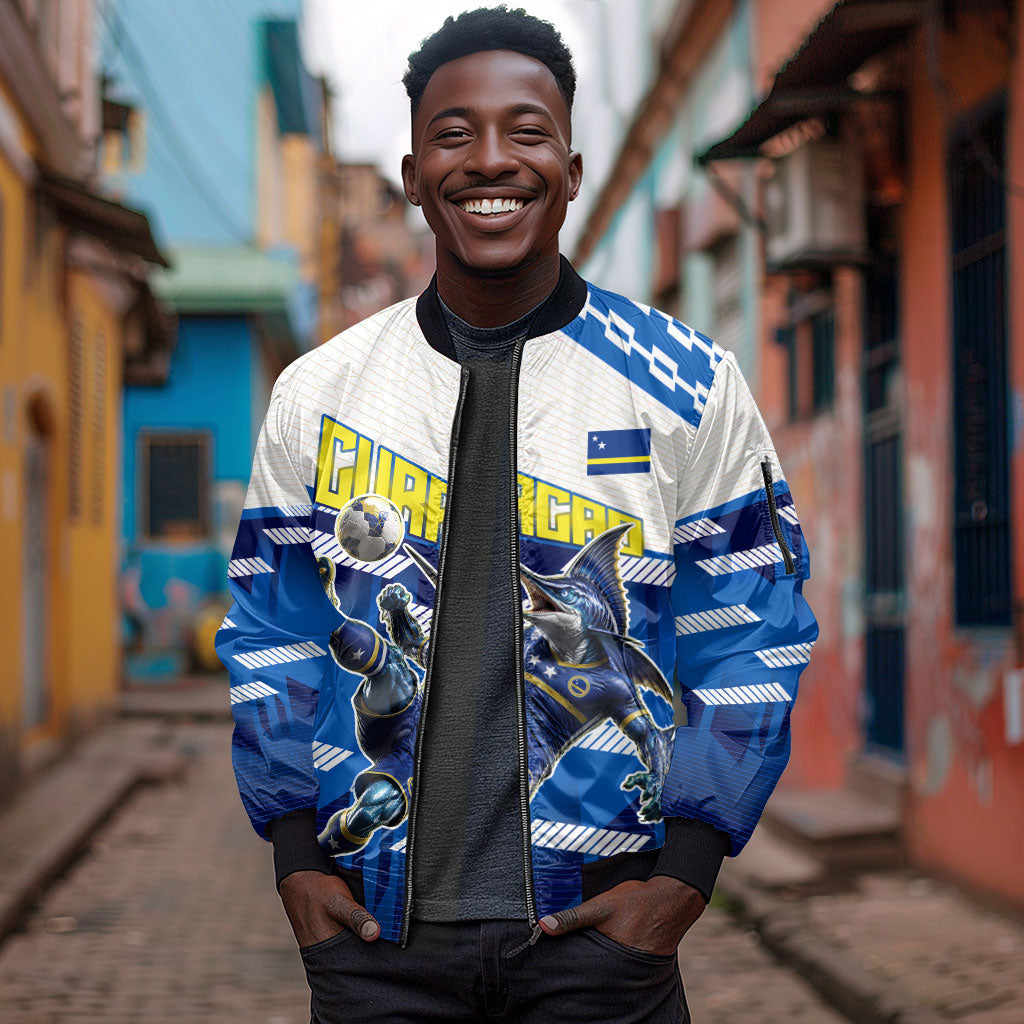 Personalized Curacao Football Sleeve Zip Bomber Jacket Marlin Mascot Blue National Flag Accents