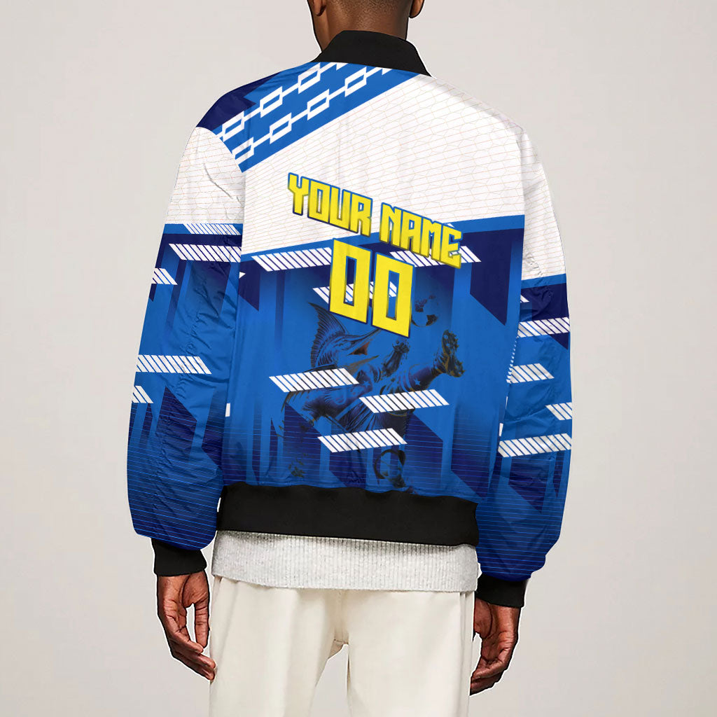 Personalized Curacao Football Sleeve Zip Bomber Jacket Marlin Mascot Blue National Flag Accents