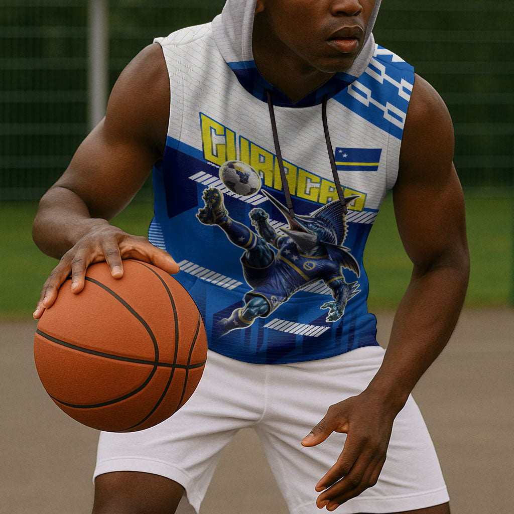 Personalized Curacao Football Sleeveless Hoodie Marlin Mascot Blue National Flag Accents