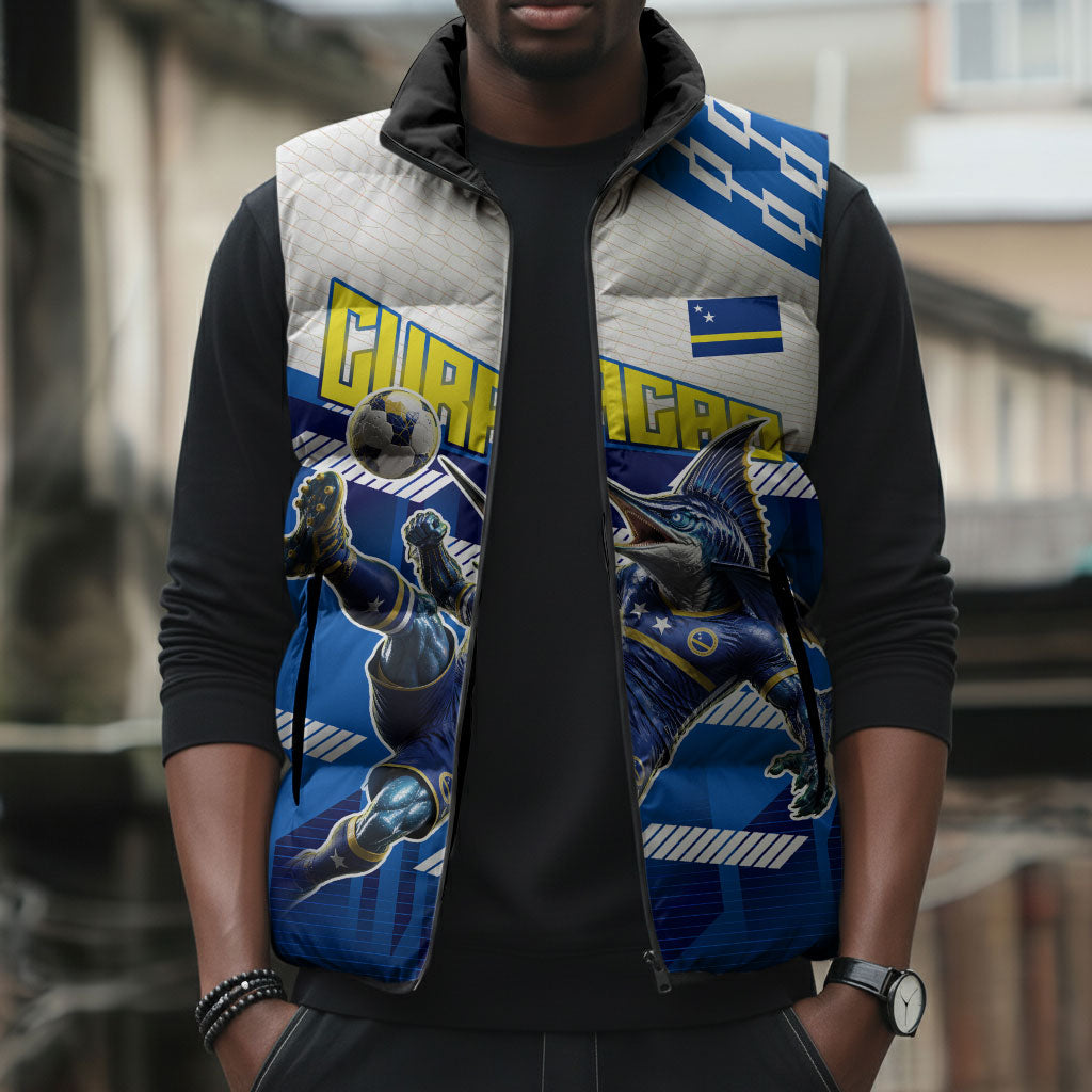 Personalized Curacao Football Sleeveless Puffer Jacket Marlin Mascot Blue National Flag Accents