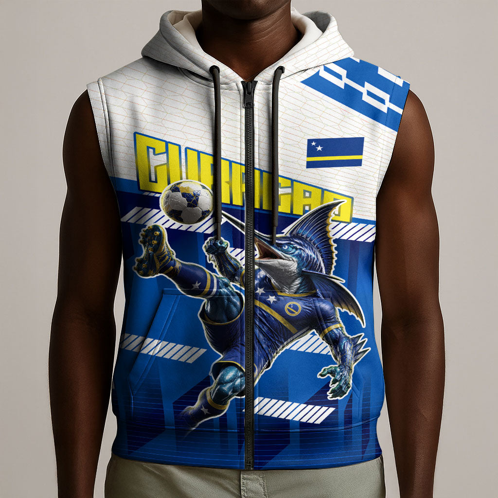 Personalized Curacao Football Sleeveless Zip Hoodie Marlin Mascot Blue National Flag Accents