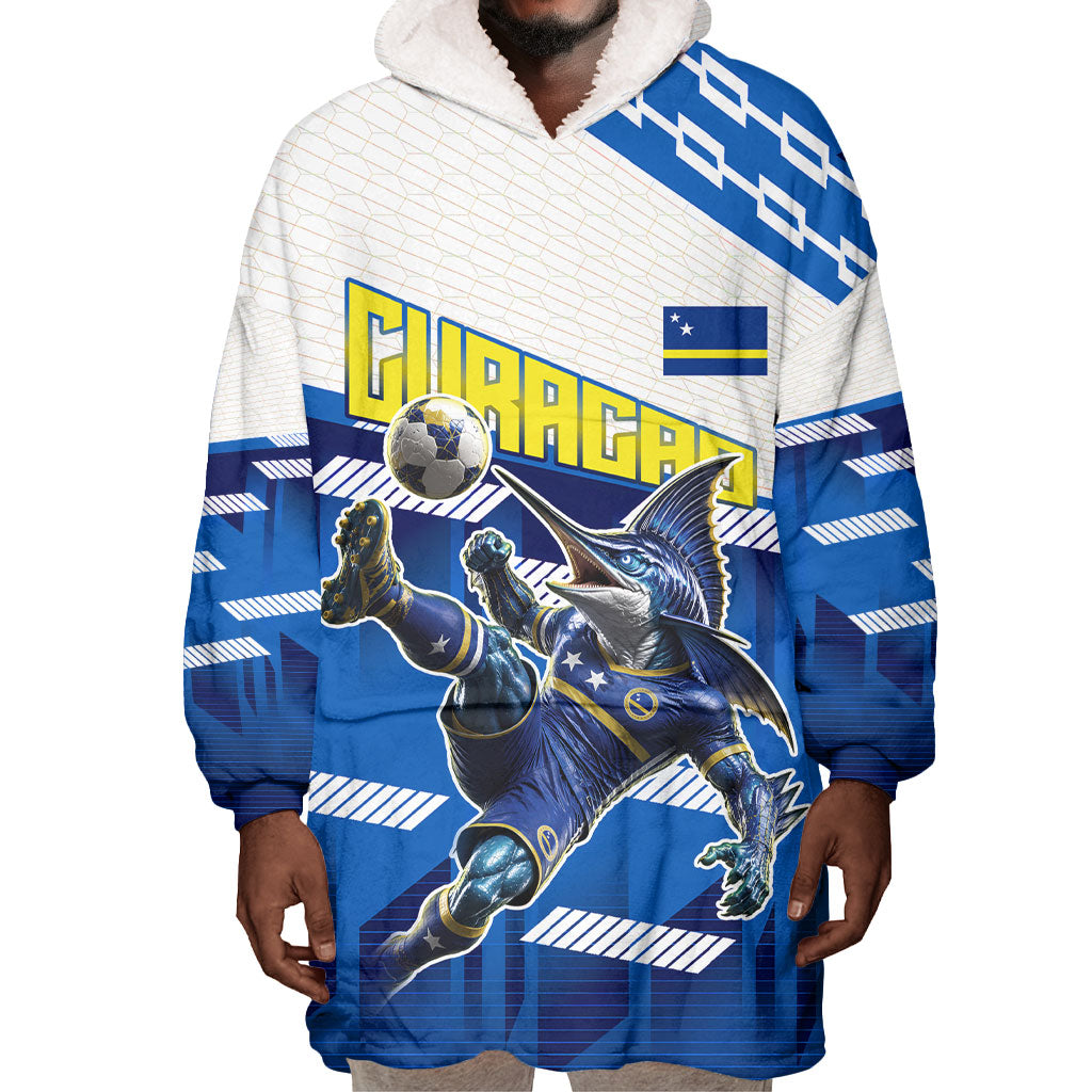 Personalized Curacao Football Wearable Blanket Hoodie Marlin Mascot Blue National Flag Accents