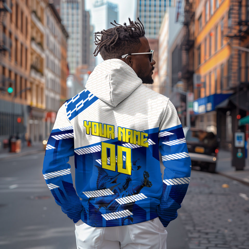 Personalized Curacao Football Zip Hoodie Marlin Mascot Blue National Flag Accents