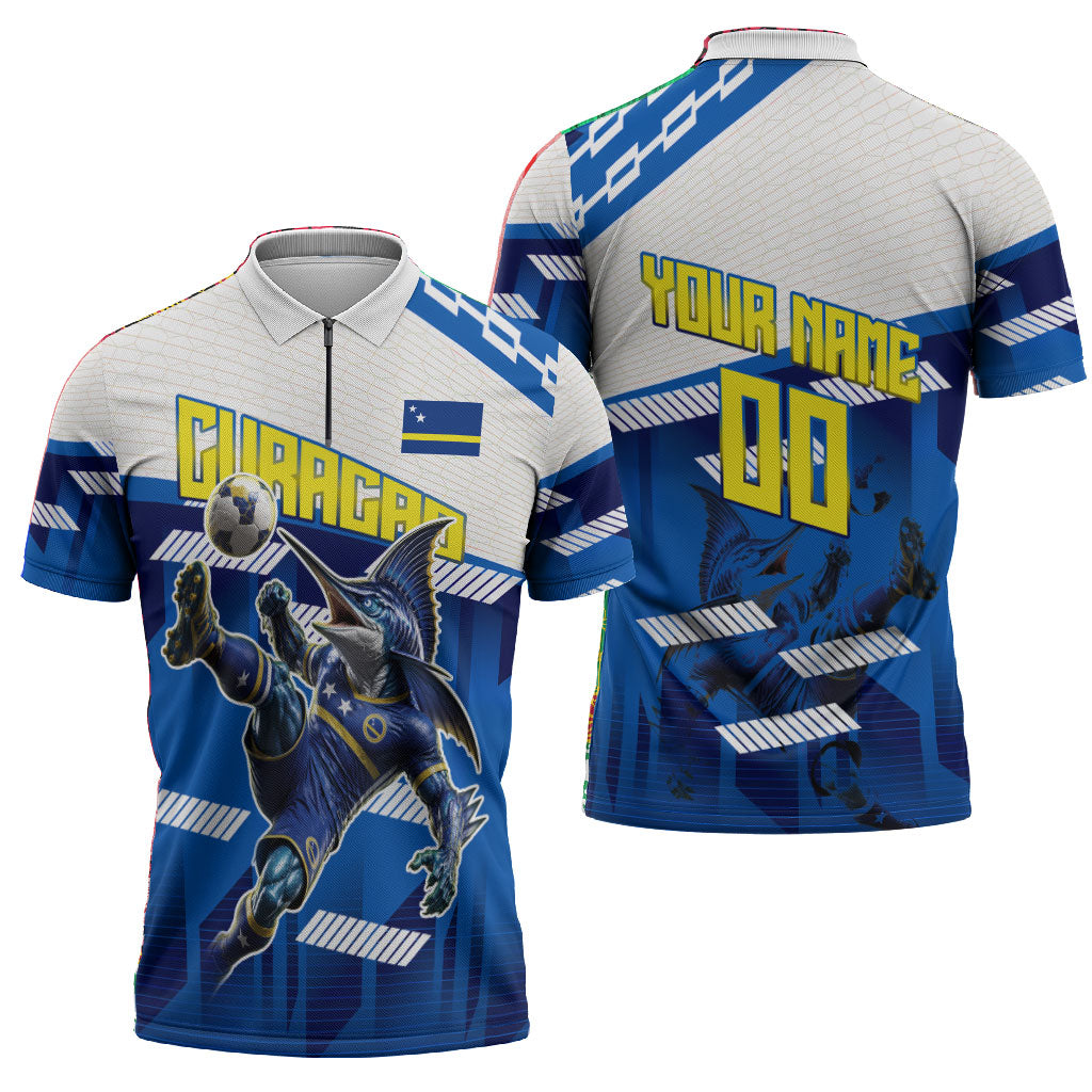 Personalized Curacao Football Zipper Polo Shirt Marlin Mascot Blue National Flag Accents