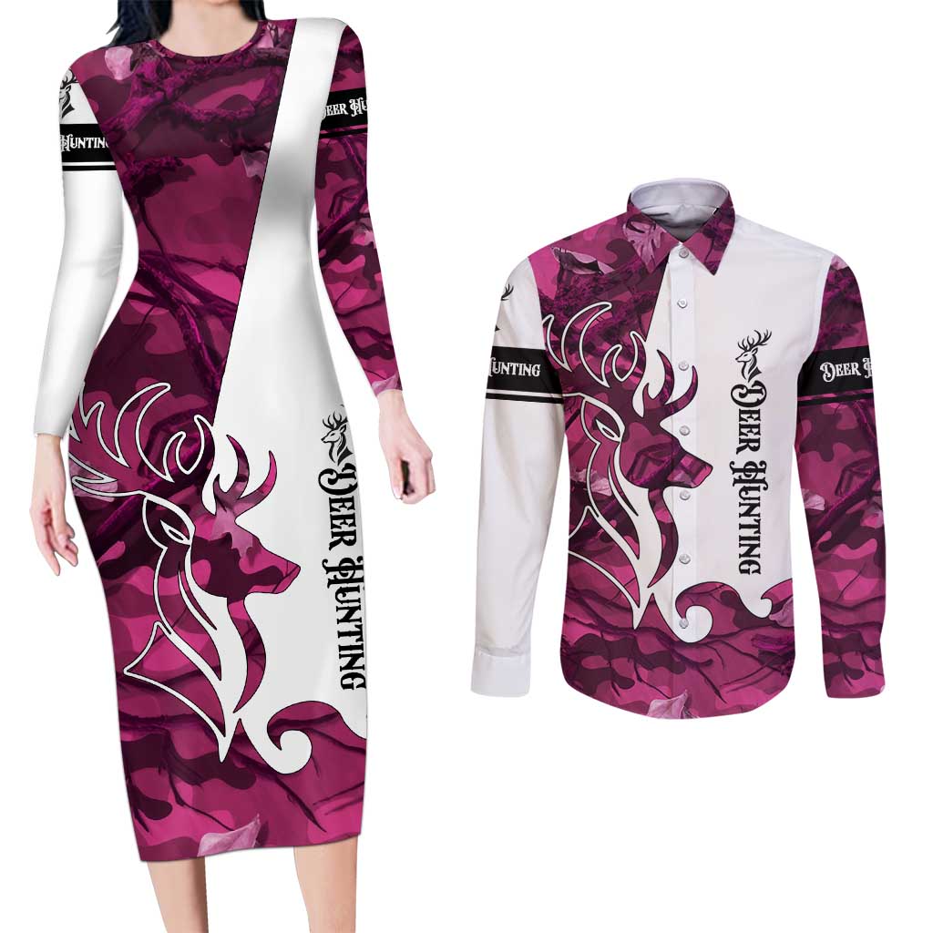 Pink Camo Customize Name Deer Hunting Couples Matching Long Sleeve Bodycon Dress and Long Sleeve Button Shirt Tribal Buck Silhouette - Wonder Print Shop