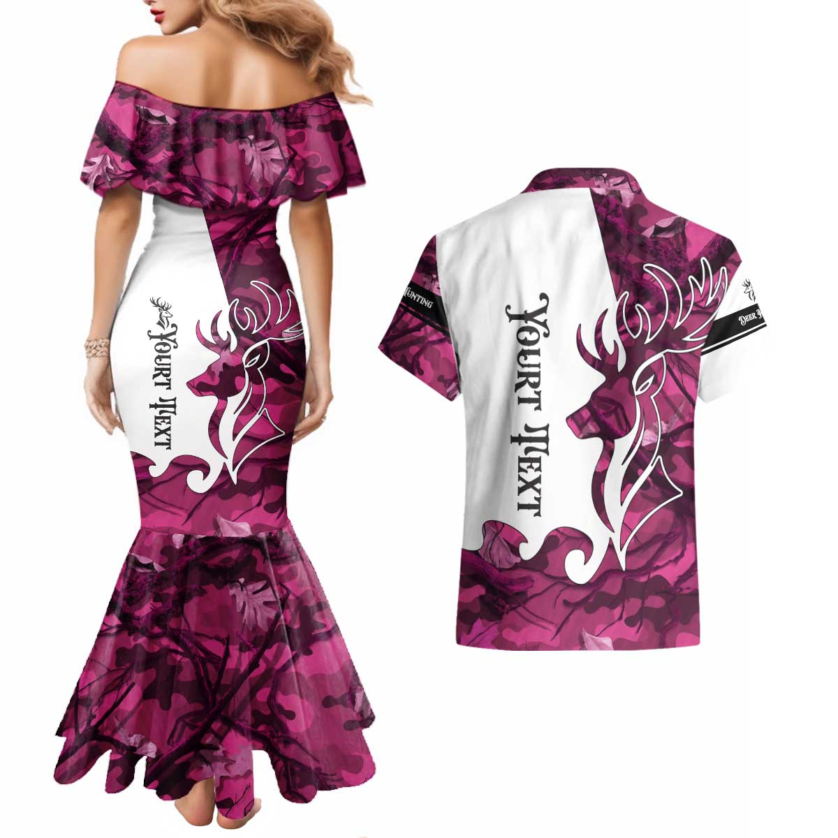 Pink Camo Customize Name Deer Hunting Couples Matching Mermaid Dress and Hawaiian Shirt Tribal Buck Silhouette - Wonder Print Shop