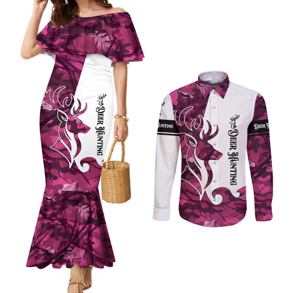 Pink Camo Customize Name Deer Hunting Couples Matching Mermaid Dress and Long Sleeve Button Shirt Tribal Buck Silhouette - Wonder Print Shop