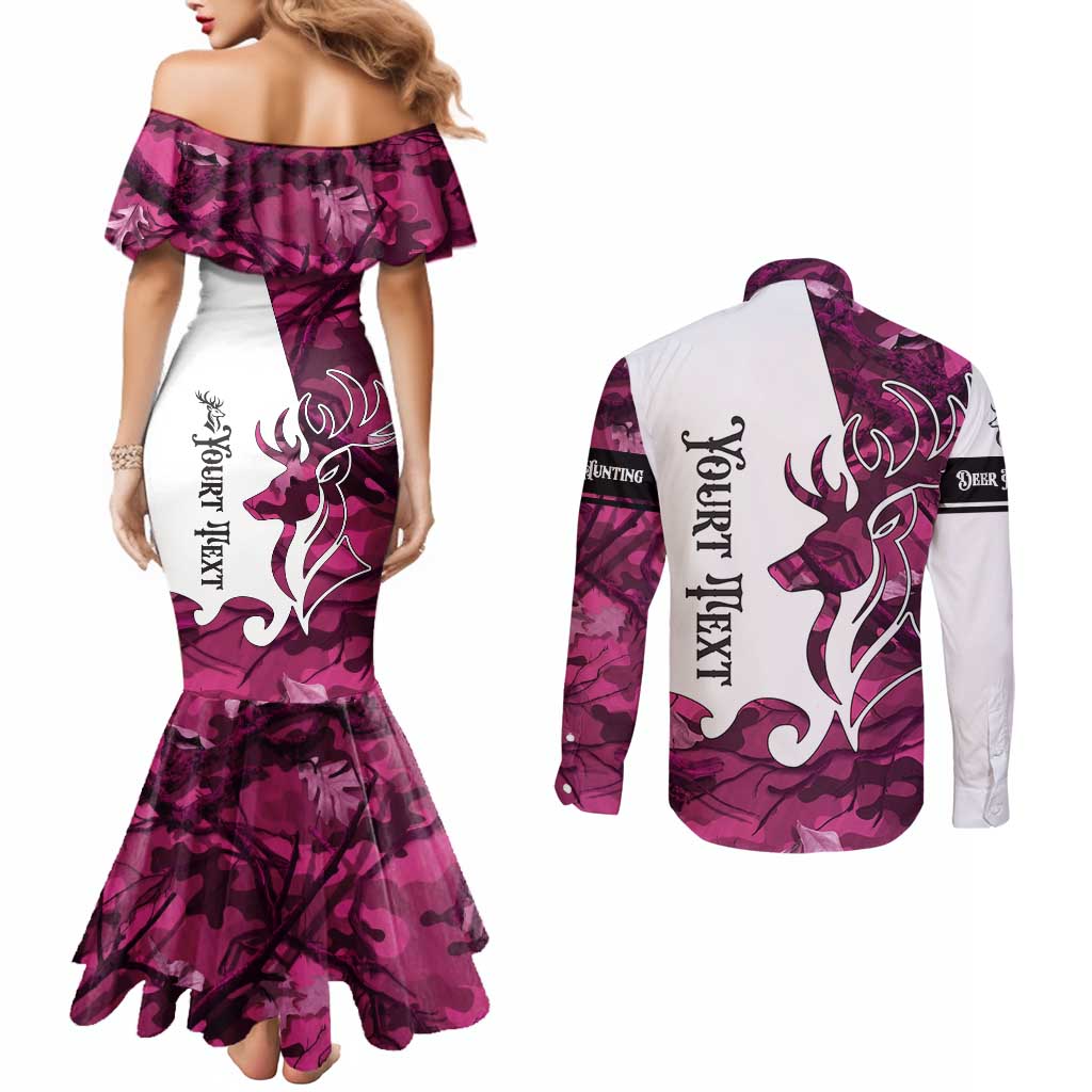Pink Camo Customize Name Deer Hunting Couples Matching Mermaid Dress and Long Sleeve Button Shirt Tribal Buck Silhouette - Wonder Print Shop