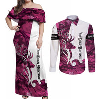 Pink Camo Customize Name Deer Hunting Couples Matching Off Shoulder Maxi Dress and Long Sleeve Button Shirt Tribal Buck Silhouette - Wonder Print Shop