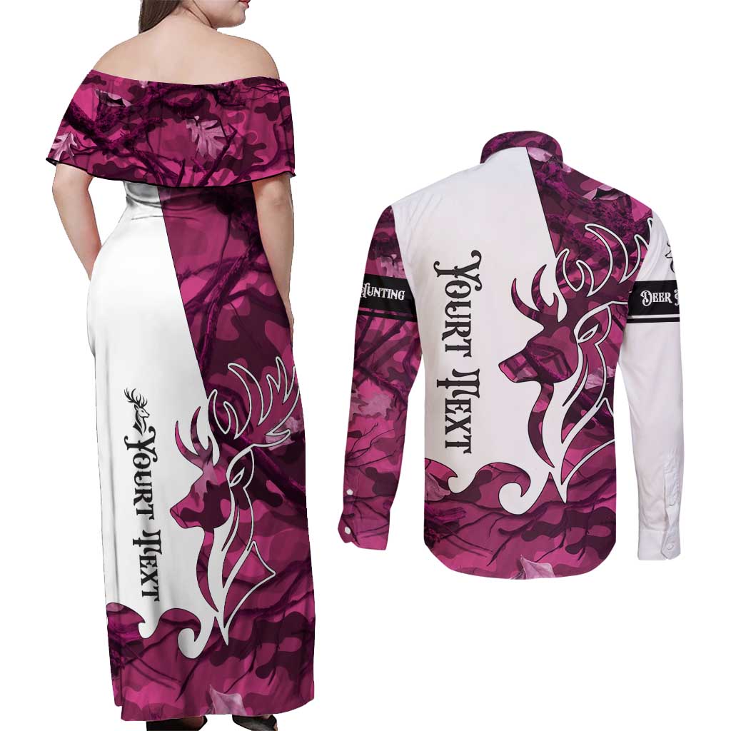 Pink Camo Customize Name Deer Hunting Couples Matching Off Shoulder Maxi Dress and Long Sleeve Button Shirt Tribal Buck Silhouette - Wonder Print Shop