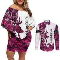 Pink Camo Customize Name Deer Hunting Couples Matching Off Shoulder Short Dress and Long Sleeve Button Shirt Tribal Buck Silhouette - Wonder Print Shop