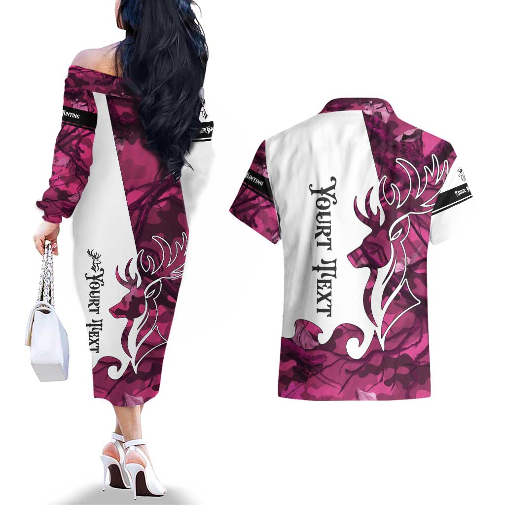 Pink Camo Customize Name Deer Hunting Couples Matching Off The Shoulder Long Sleeve Dress and Hawaiian Shirt Tribal Buck Silhouette - Wonder Print Shop