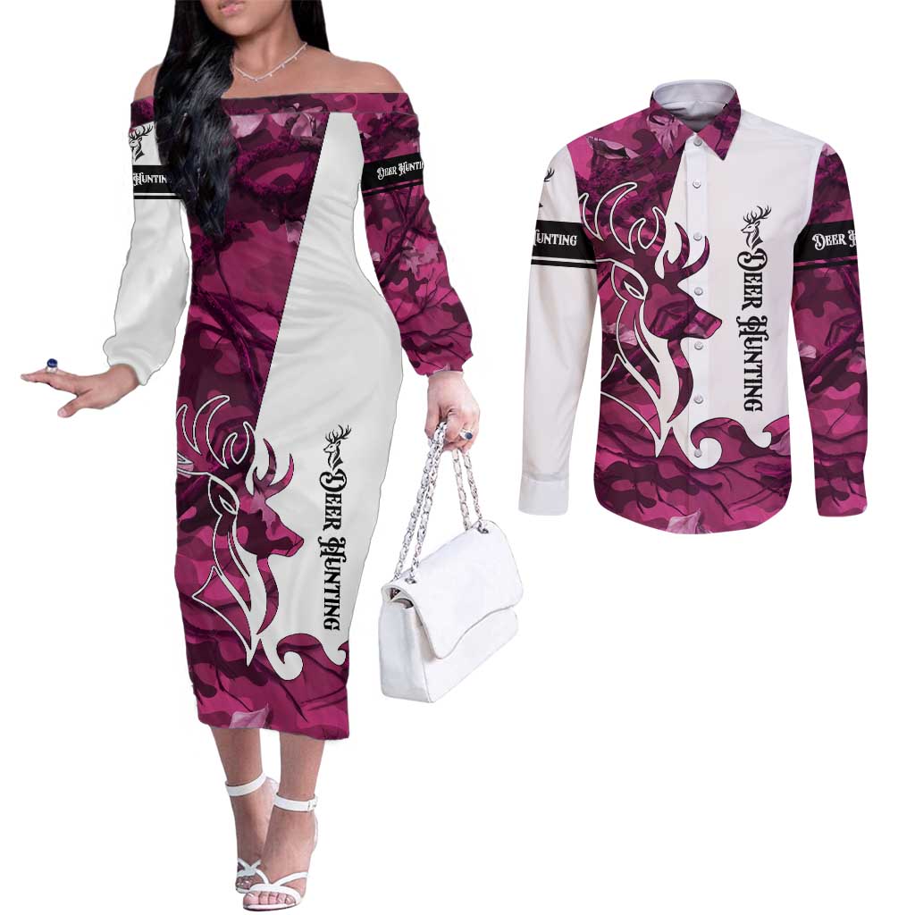 Pink Camo Customize Name Deer Hunting Couples Matching Off The Shoulder Long Sleeve Dress and Long Sleeve Button Shirt Tribal Buck Silhouette - Wonder Print Shop