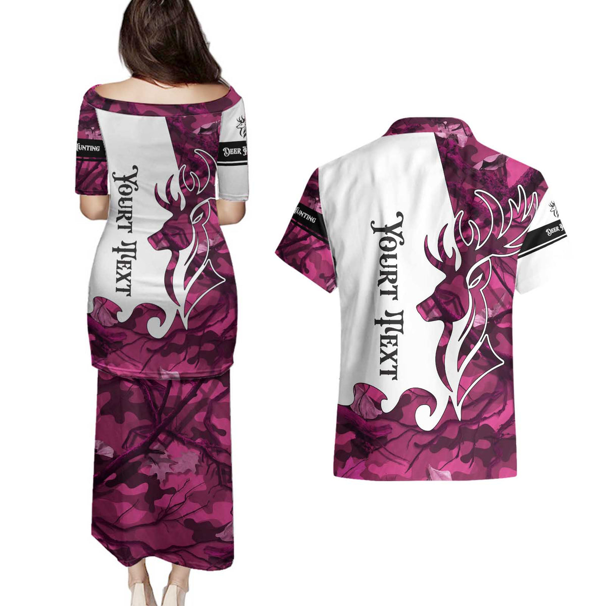 Pink Camo Customize Name Deer Hunting Couples Matching Puletasi and Hawaiian Shirt Tribal Buck Silhouette - Wonder Print Shop