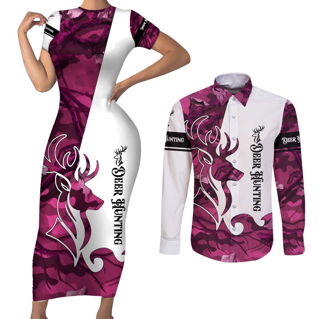 Pink Camo Customize Name Deer Hunting Couples Matching Short Sleeve Bodycon Dress and Long Sleeve Button Shirt Tribal Buck Silhouette - Wonder Print Shop