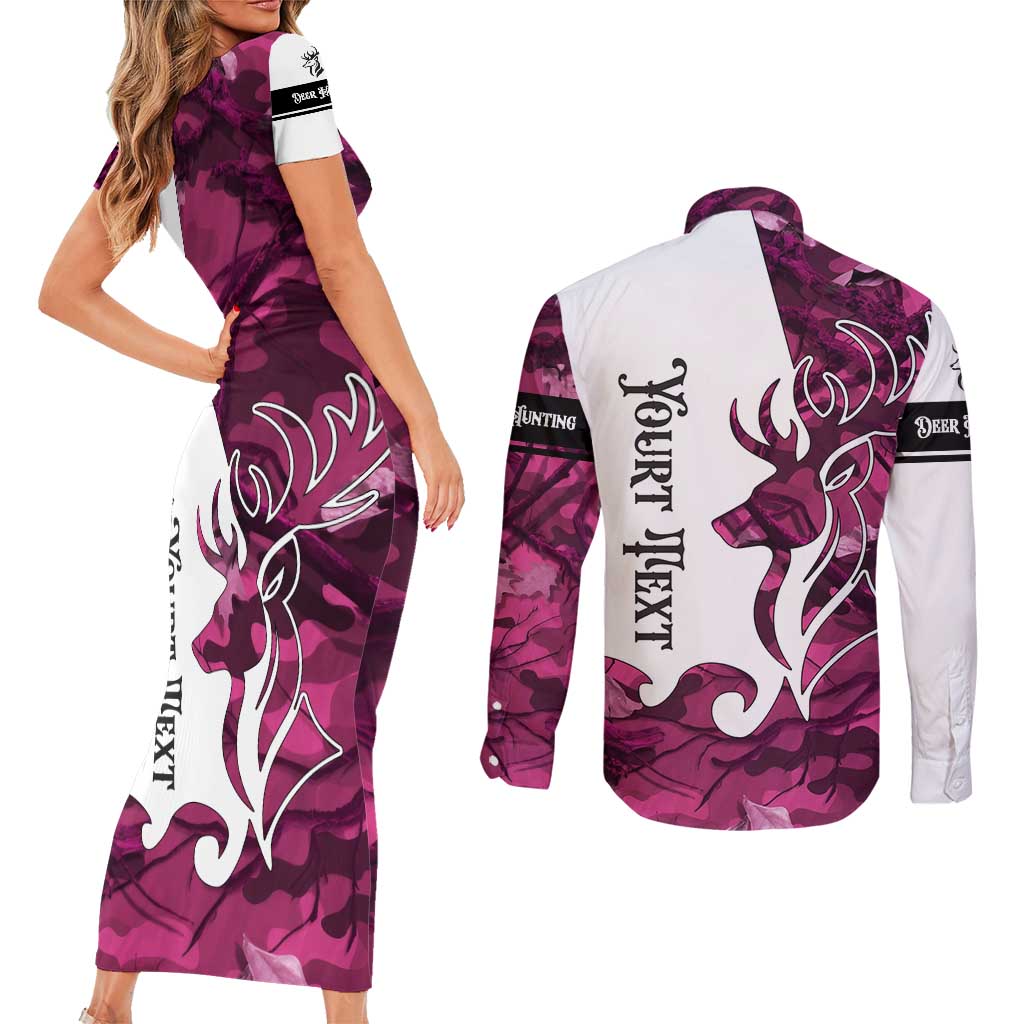 Pink Camo Customize Name Deer Hunting Couples Matching Short Sleeve Bodycon Dress and Long Sleeve Button Shirt Tribal Buck Silhouette - Wonder Print Shop