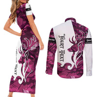 Pink Camo Customize Name Deer Hunting Couples Matching Short Sleeve Bodycon Dress and Long Sleeve Button Shirt Tribal Buck Silhouette - Wonder Print Shop