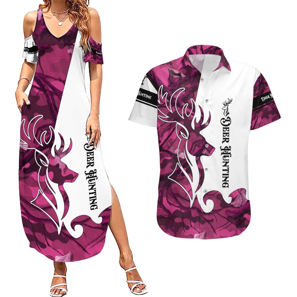 Pink Camo Customize Name Deer Hunting Couples Matching Summer Maxi Dress and Hawaiian Shirt Tribal Buck Silhouette - Wonder Print Shop