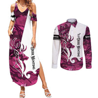 Pink Camo Customize Name Deer Hunting Couples Matching Summer Maxi Dress and Long Sleeve Button Shirt Tribal Buck Silhouette - Wonder Print Shop
