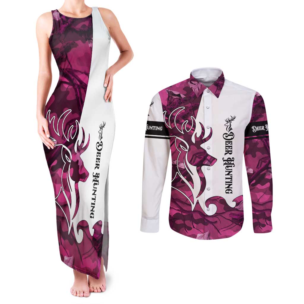 Pink Camo Customize Name Deer Hunting Couples Matching Tank Maxi Dress and Long Sleeve Button Shirt Tribal Buck Silhouette - Wonder Print Shop