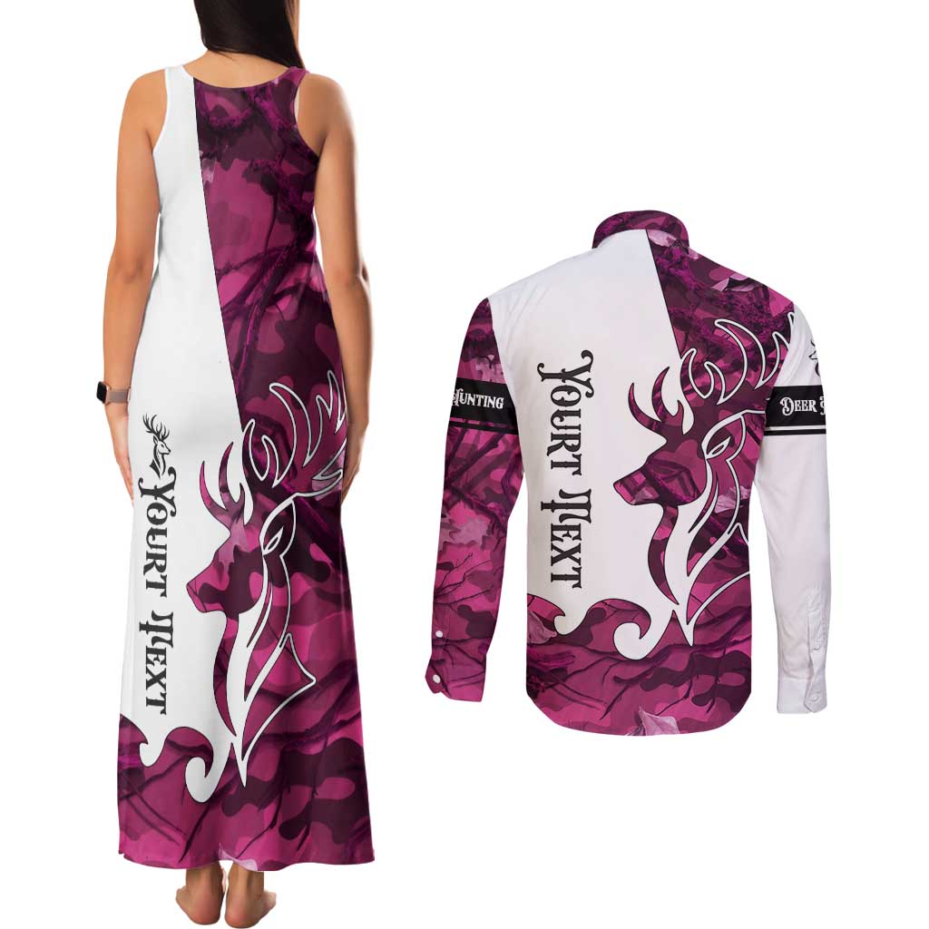 Pink Camo Customize Name Deer Hunting Couples Matching Tank Maxi Dress and Long Sleeve Button Shirt Tribal Buck Silhouette - Wonder Print Shop