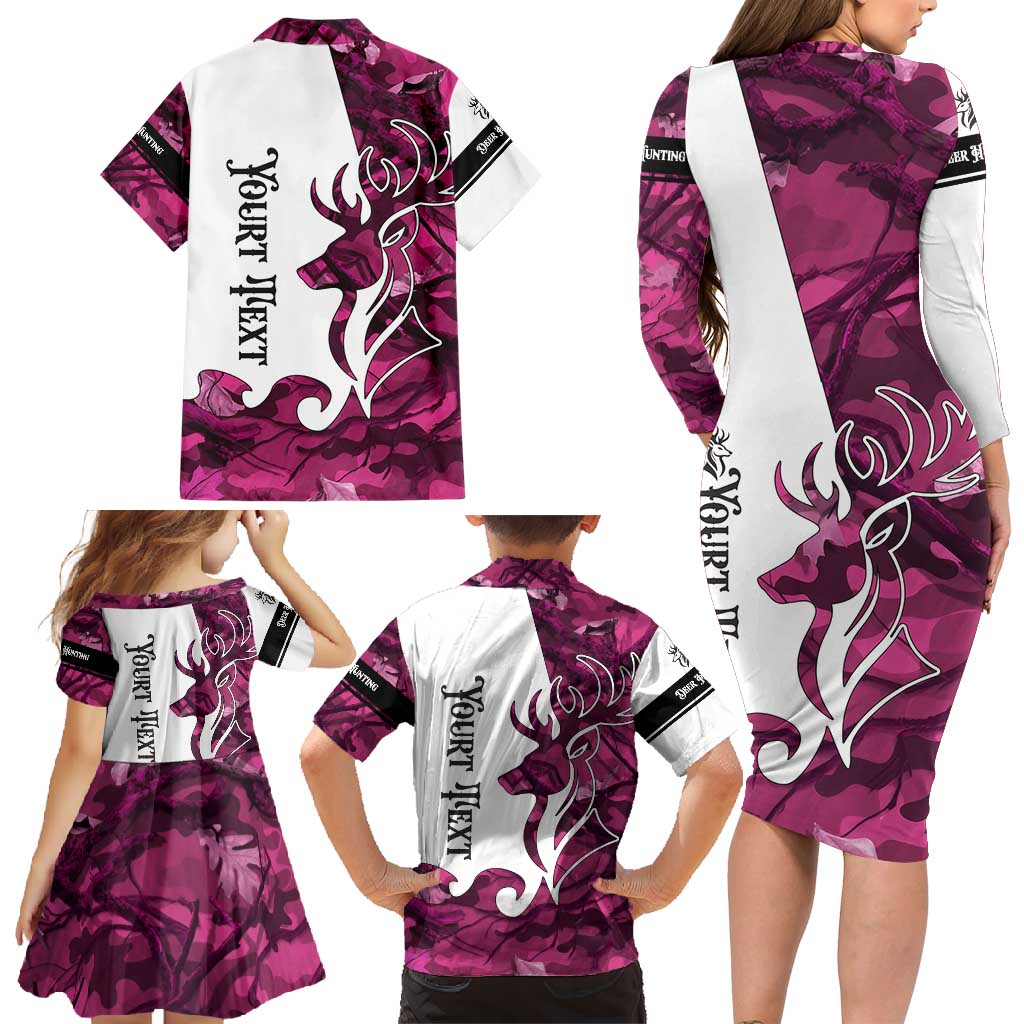 Pink Camo Customize Name Deer Hunting Family Matching Long Sleeve Bodycon Dress and Hawaiian Shirt Tribal Buck Silhouette - Wonder Print Shop