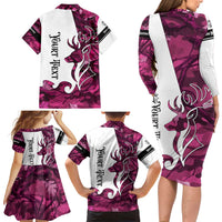 Pink Camo Customize Name Deer Hunting Family Matching Long Sleeve Bodycon Dress and Hawaiian Shirt Tribal Buck Silhouette - Wonder Print Shop