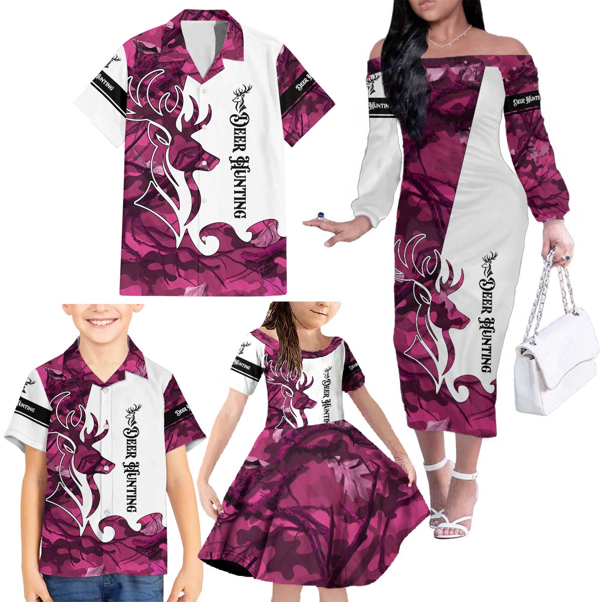 Pink Camo Customize Name Deer Hunting Family Matching Off The Shoulder Long Sleeve Dress and Hawaiian Shirt Tribal Buck Silhouette - Wonder Print Shop