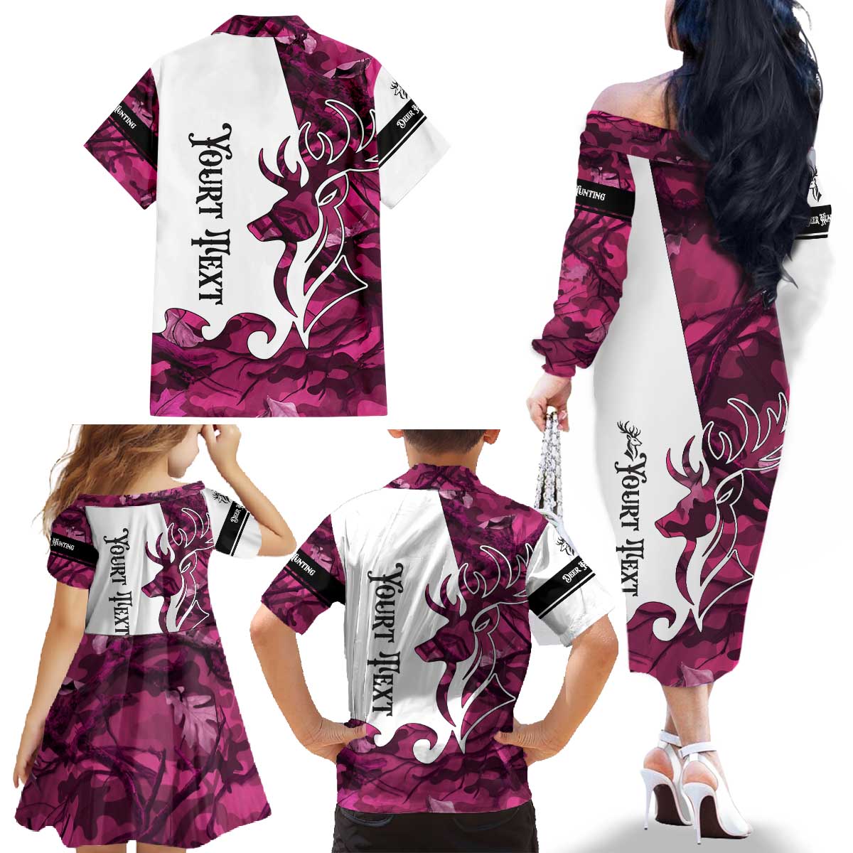 Pink Camo Customize Name Deer Hunting Family Matching Off The Shoulder Long Sleeve Dress and Hawaiian Shirt Tribal Buck Silhouette - Wonder Print Shop