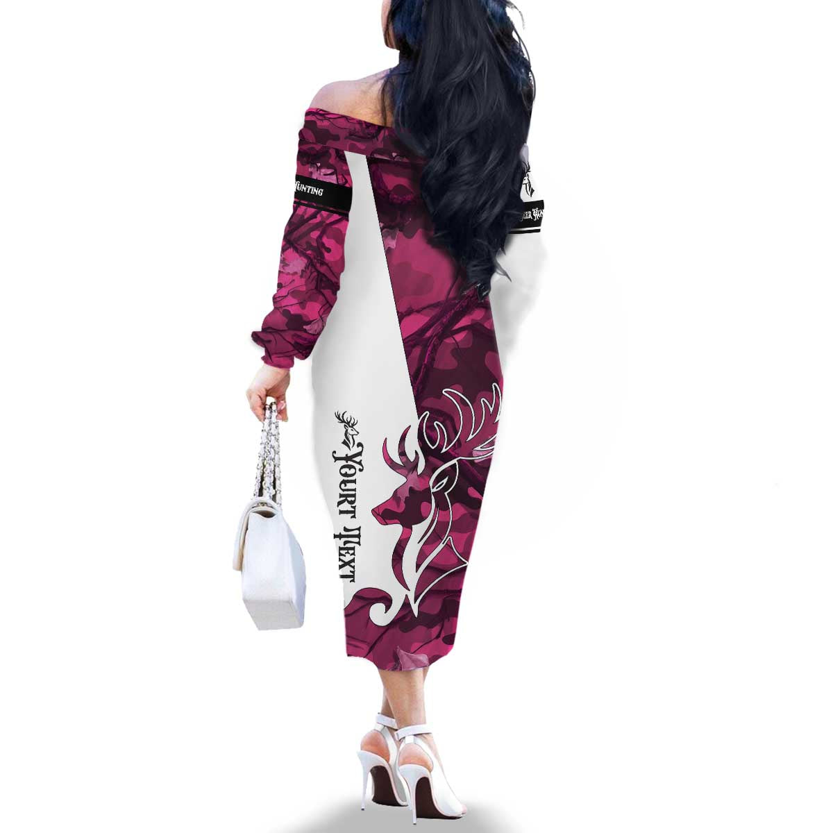 Pink Camo Customize Name Deer Hunting Family Matching Off The Shoulder Long Sleeve Dress and Hawaiian Shirt Tribal Buck Silhouette - Wonder Print Shop